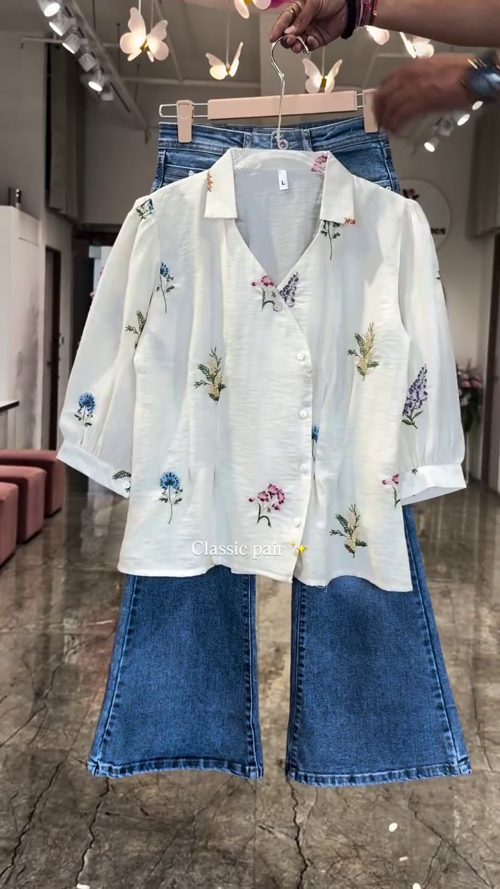 🤍🌿  Elegant Botanical Embroidered Shirt & Wide-Leg Denim Trouser Smart Casual Fashion Combo Set 🌿🤍✨