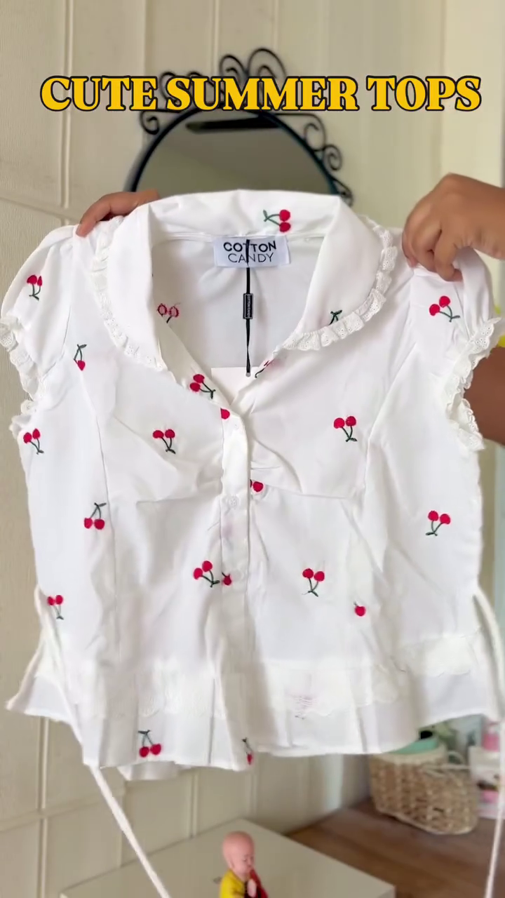 🍒🤍 Sweet Cherry Embroidered Lace Collar Summer Peplum Blouse for Women & Girls – Elegant Casual Vacation Style Top 🍒🤍✨