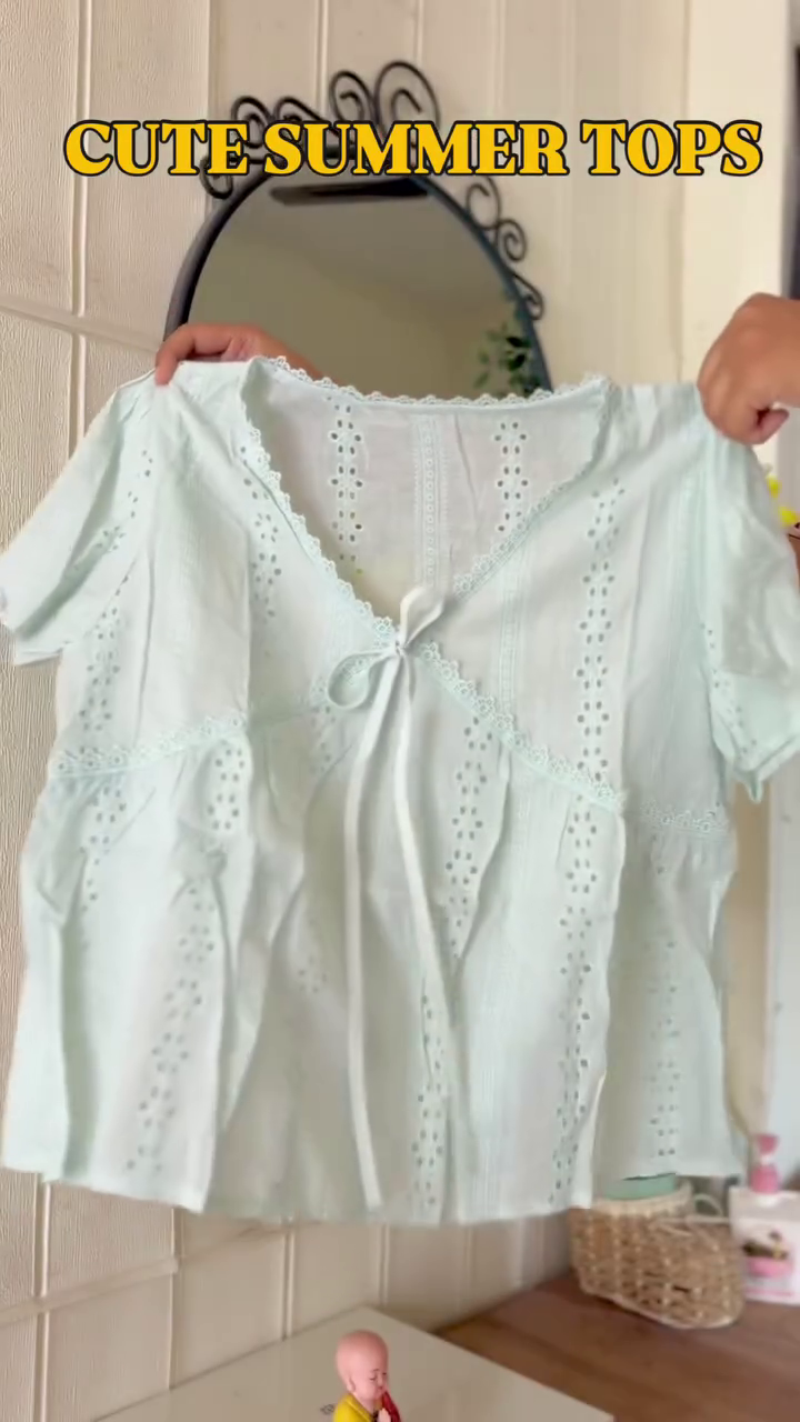 🍒🤍 Sweet Cherry Embroidered Lace Collar Summer Peplum Blouse for Women & Girls – Elegant Casual Vacation Style Top 🍒🤍✨