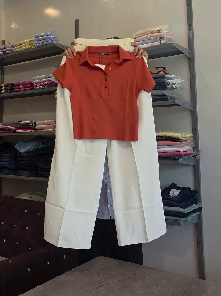 🧡🤍 Premium Ribbed Polo Crop Top with Elegant Wide-Leg Trousers Sophisticated Casual Co-Ord Set 🤍🧡✨