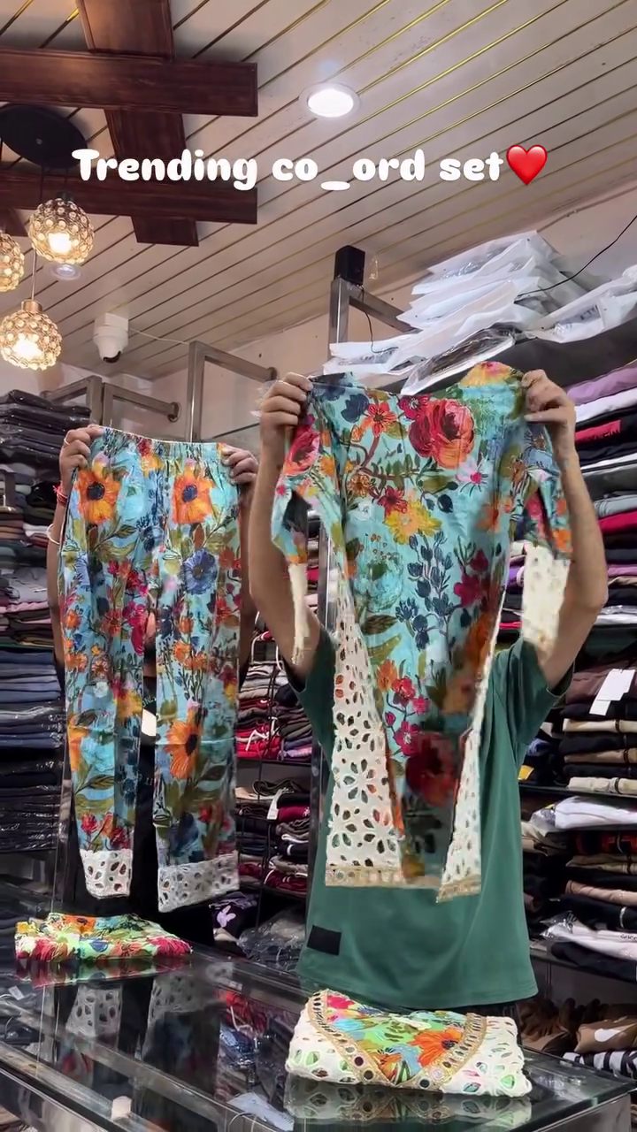 🌺💚 Premium Floral Printed Embroidered Lace Detail Kurti Top & Straight Pant Ethnic Co-Ord Set for Women | Festive Summer Traditional Fusion Wear 💚🌺
