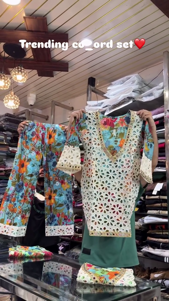 🌺💚 Premium Floral Printed Embroidered Lace Detail Kurti Top & Straight Pant Ethnic Co-Ord Set for Women | Festive Summer Traditional Fusion Wear 💚🌺