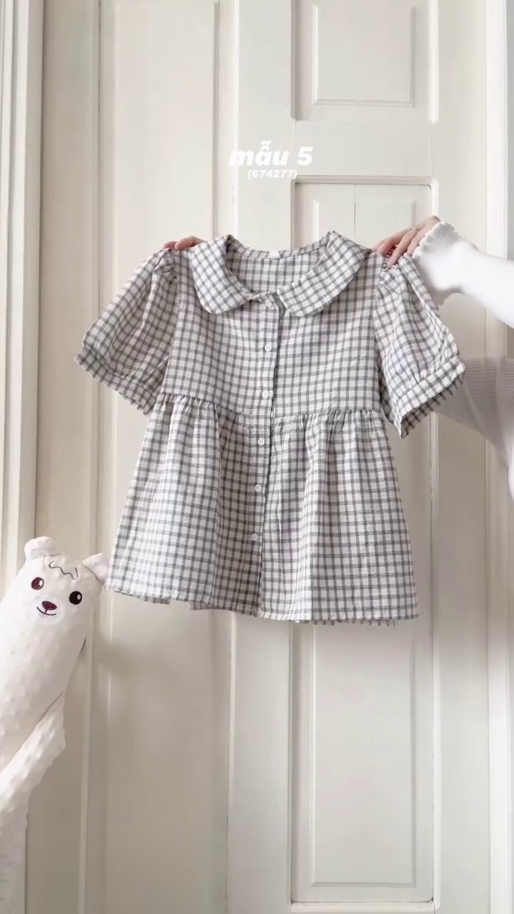 🌸🤍 Premium Vintage Plaid Peter Pan Collar Baby Doll Blouse for Women | Korean Aesthetic Puff Sleeve Relaxed Fit Casual Summer Fashion Top 🤍🌸