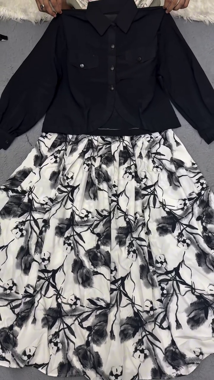 🖤🤍 Monochrome Floral Smocked Maxi Dress with Cropped Button Shirt Overlay | Elegant Two-Piece Fashion Ensemble for Women with Artistic Botanical Print 🤍🖤