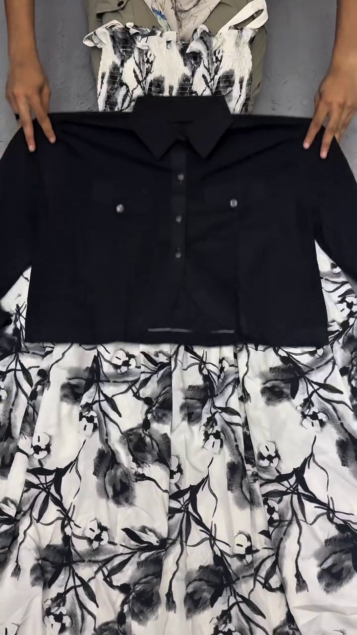 🖤🤍 Monochrome Floral Smocked Maxi Dress with Cropped Button Shirt Overlay | Elegant Two-Piece Fashion Ensemble for Women with Artistic Botanical Print 🤍🖤
