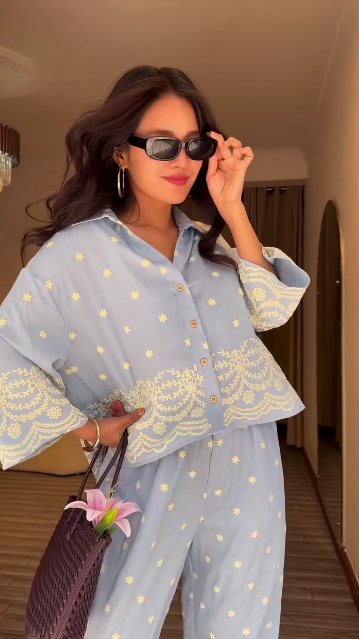 🌙💙 Premium Embroidered Nightwear Co-Ord Set for Women | Soft Relaxed Lounge Shirt & Matching Bottom Set with Elegant Floral Detailing 💙🌙